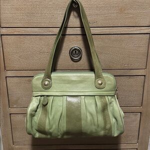 Osgoode Marley Green leather shoulder bag purse 2 tone grommets gathered soft